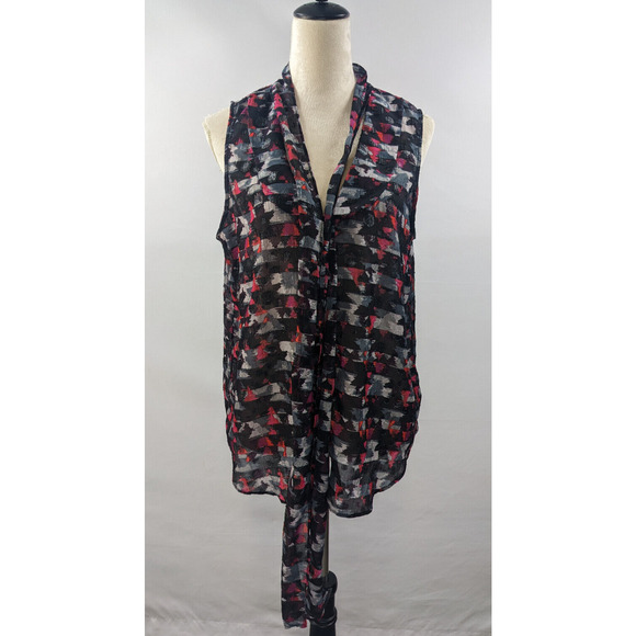 Kirna Zabete Target Top Blouse Black Red Grey XL Sleeveless Tie Neck Metallic - Picture 1 of 6